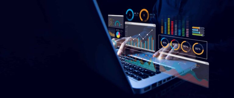 Analyst working with computer in Business Analytics and Data Management System with KPI and metrics connected to the database for technology finance, operations, sales, marketing. Data analysis.Ai