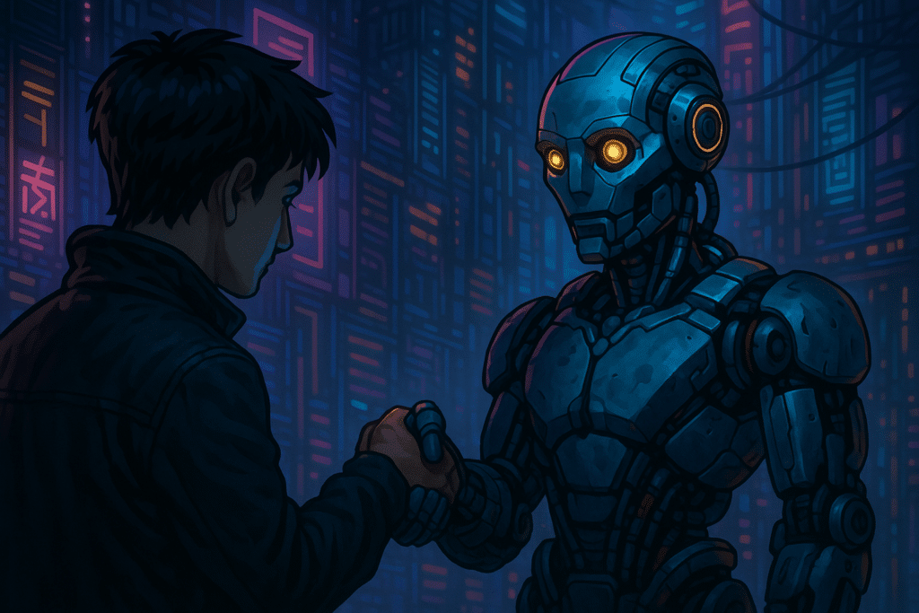 AI robot and human building trust and shaking hands