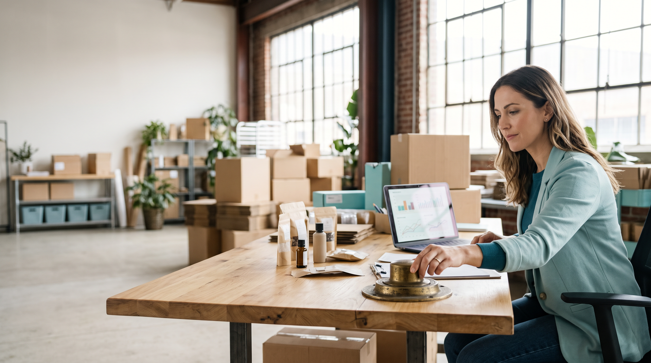 Ecommerce founder at a desk with shipping boxes and a laptop of performance charts, turning a large brass control dial