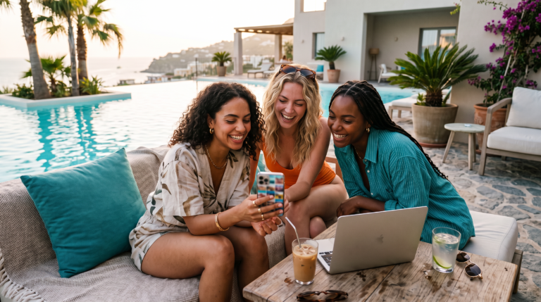 Three friends on a hotel pool terrace smiling at a phone while planning a trip, laptop and drinks on the table