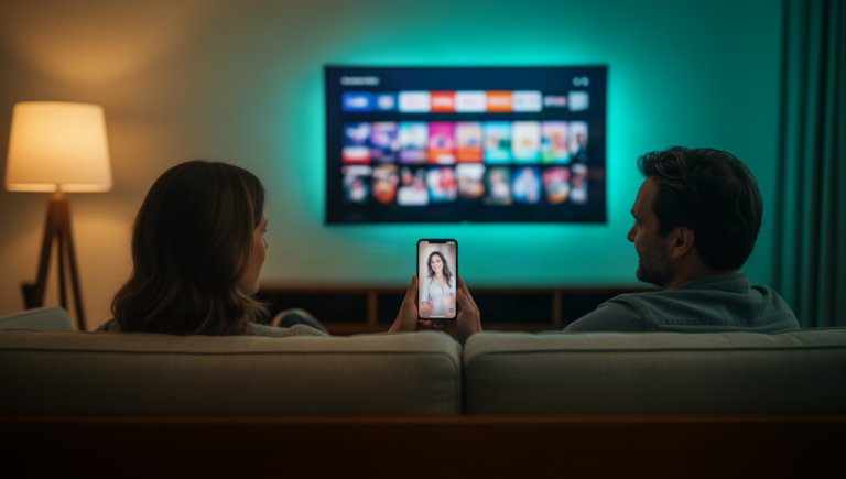 Couple on a sofa watching a streaming TV home screen while one scrolls a creator video on a phone