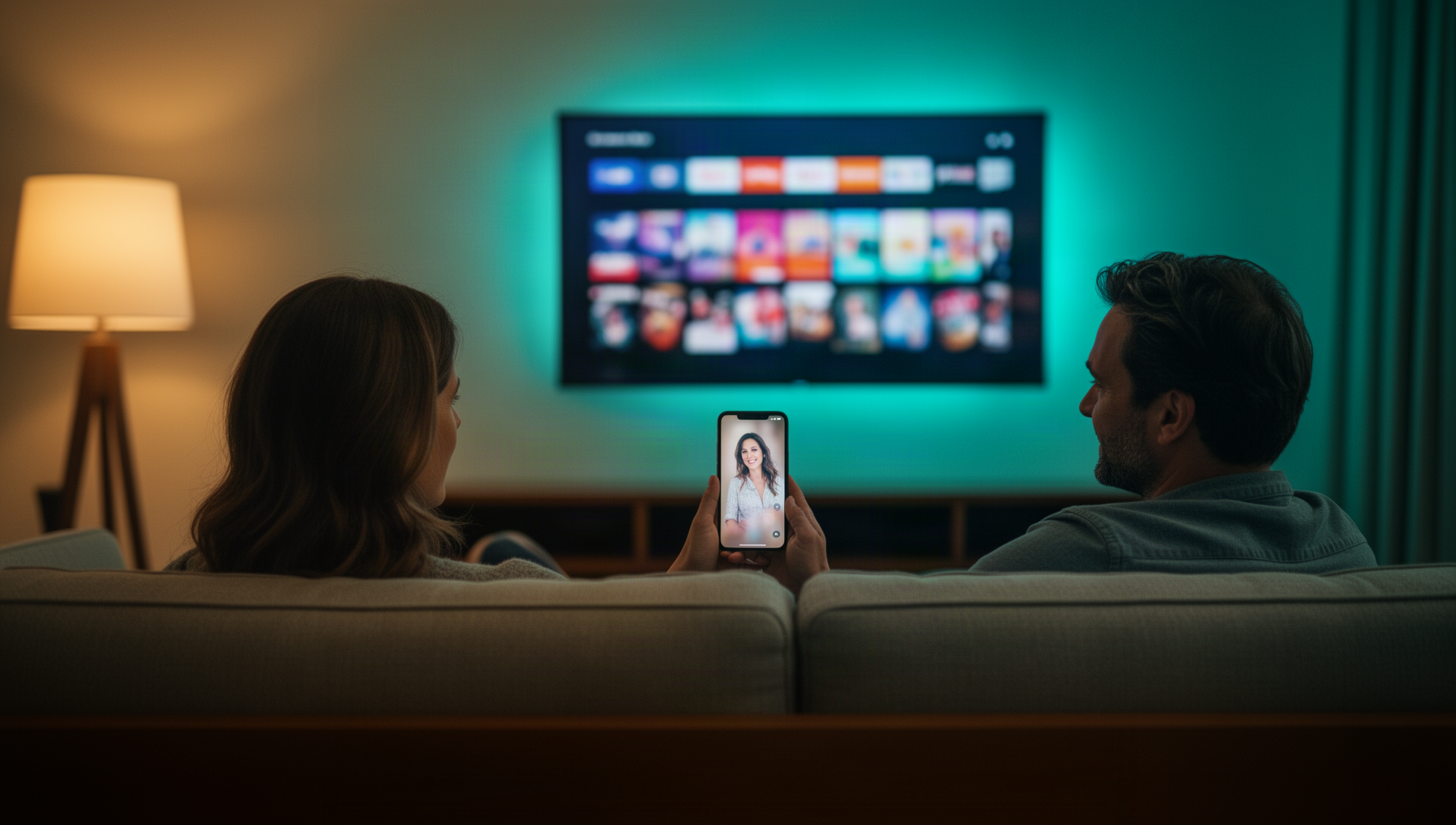 Couple on a sofa watching a streaming TV home screen while one scrolls a creator video on a phone